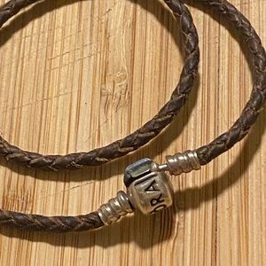 Pandora braided double wrap leather bracelet with sterling silver Pandora Clasp